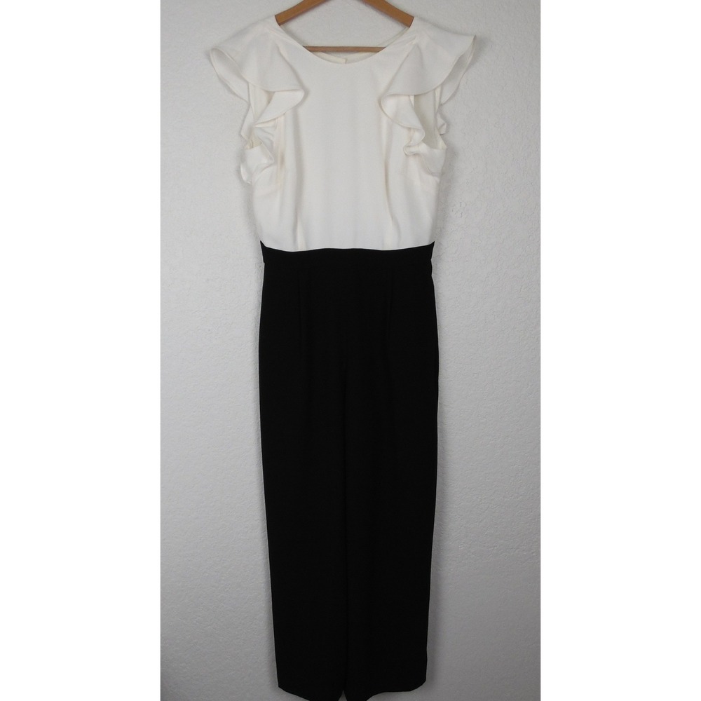 New Colorblock Ruffle Open Back Jumpsuit White Black Straight Leg AF419 Size 6